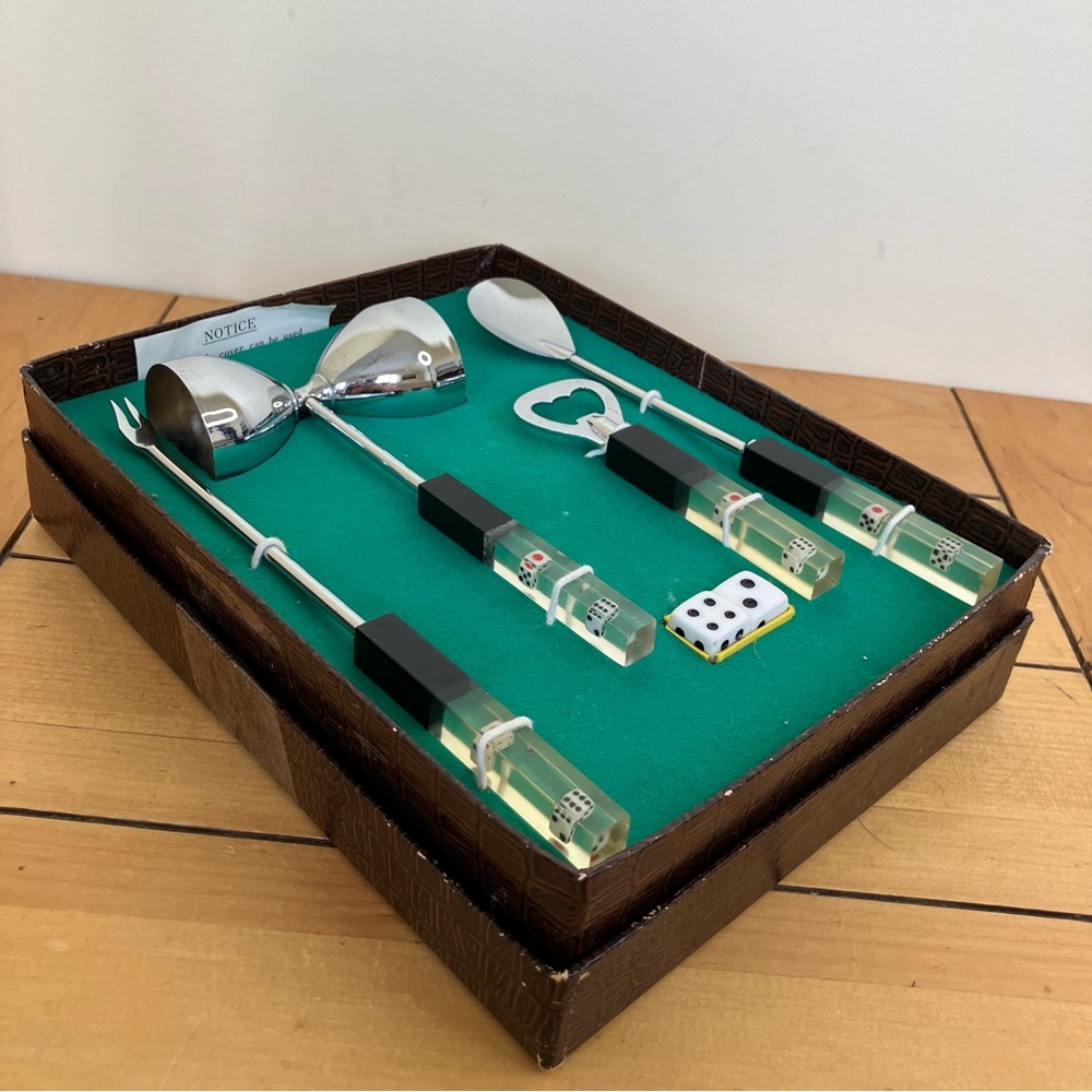 Vintage Bar Tool Set with Lucite Dice Handles Measuring Jigger Bottle Opener 4pc
